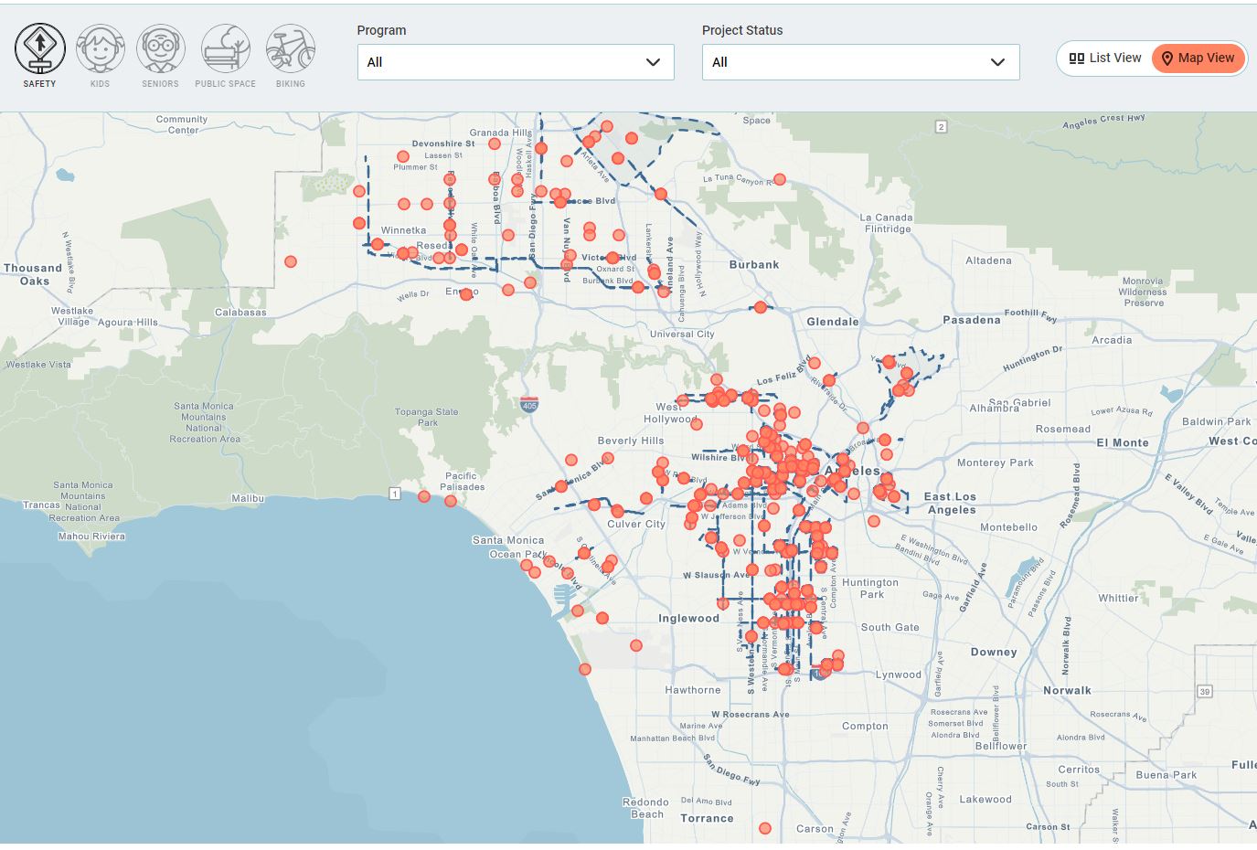 Map of Safety Projects in Los Angeles