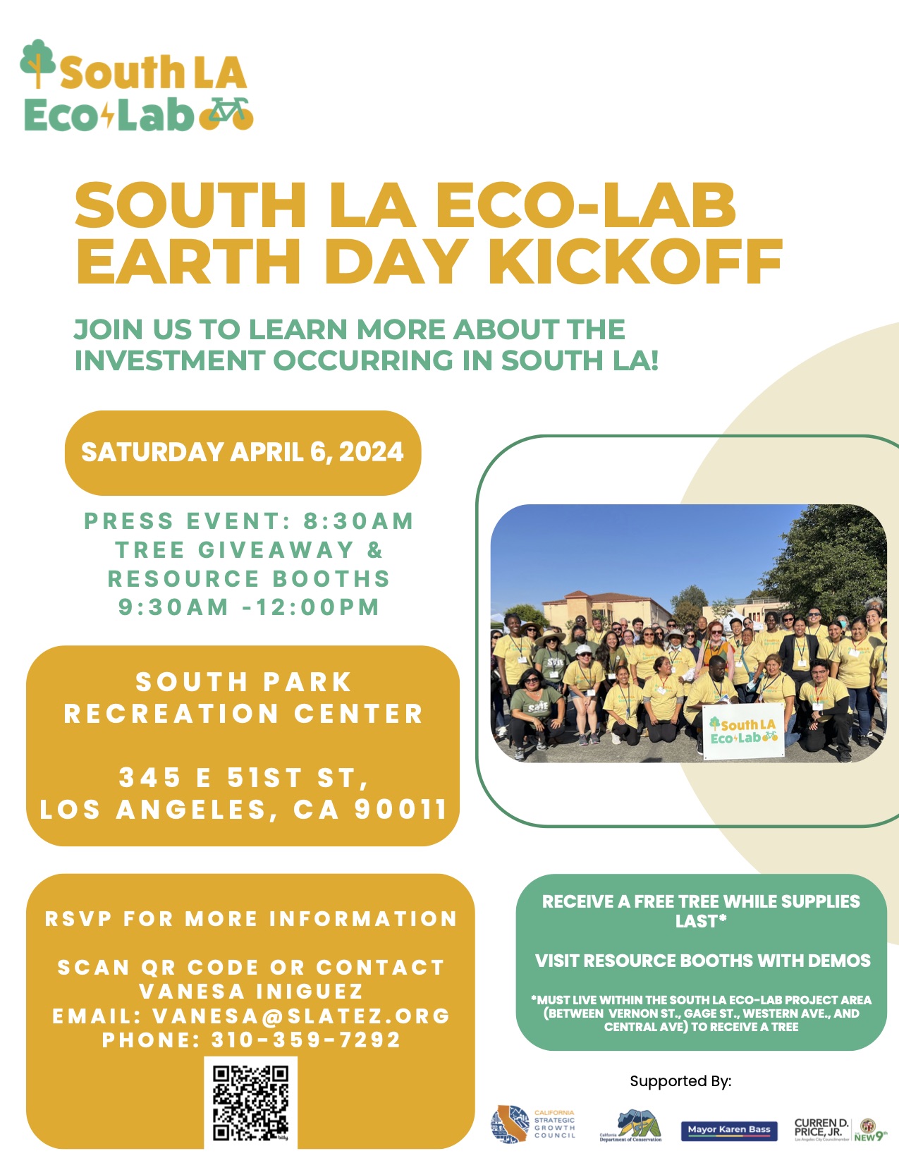 Flyer for the South LA Eco Lab earth day event Saturday April 6, 2024, 345 E 52st St, Los Angeles California 90011, 9:30 am 12:00 pm