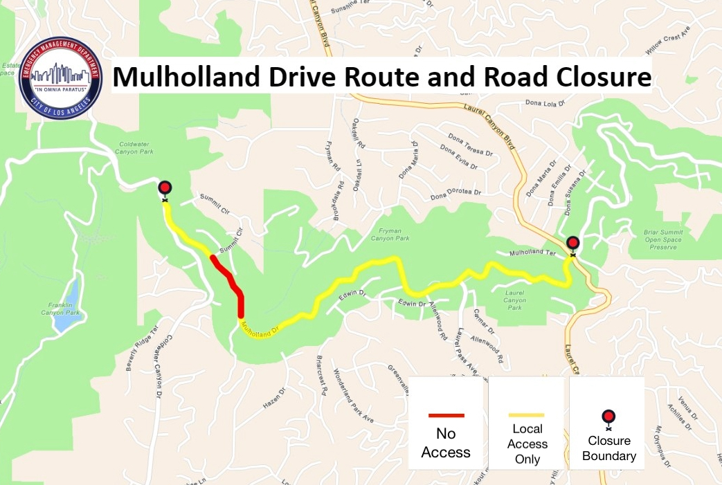 TRAFFIC CLOSURE ALERT: Mulholland Drive Remains Closed to Traffic between Laurel Canyon Blvd and Coldwater Canyon Drive