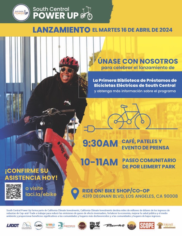 Flyer for South Central Power UP launch in spanish, woman with a helmet on jumping while holding an ebike and smiling
