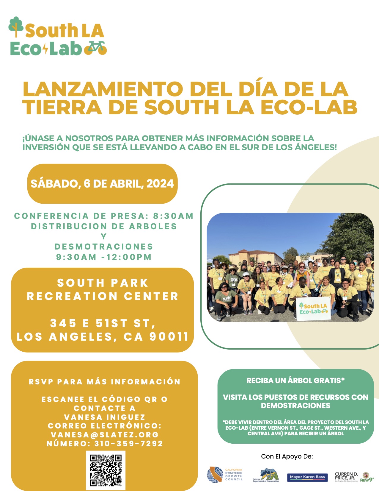 Flyer for the South LA Eco Lab earth day event Saturday April 6, 2024, 345 E 52st St, Los Angeles California 90011, 9:30 am 12:00 pm, Spanish